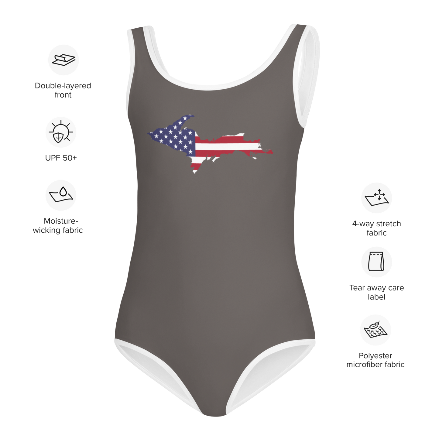 Michigan Upper Peninsula Toddler Swimsuit (w/ UP USA Flag) | Warren Tank Grey