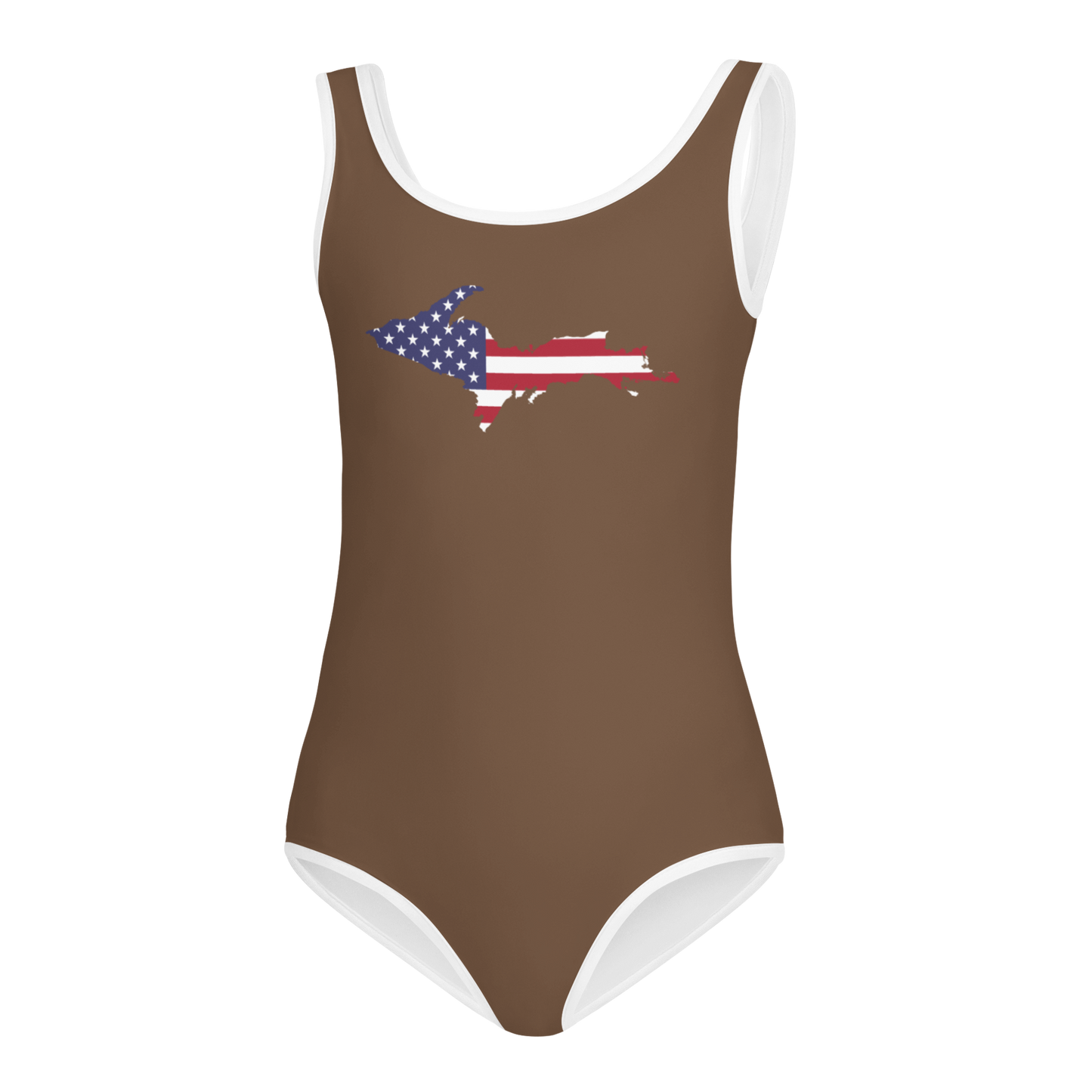 Michigan Upper Peninsula Toddler Swimsuit (w/ UP USA Flag) | Coffee Background