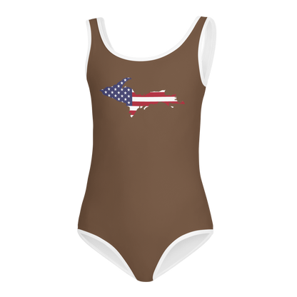 Michigan Upper Peninsula Toddler Swimsuit (w/ UP USA Flag) | Coffee Background