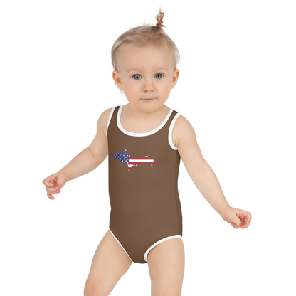 Michigan Upper Peninsula Toddler Swimsuit (w/ UP USA Flag) | Coffee Background