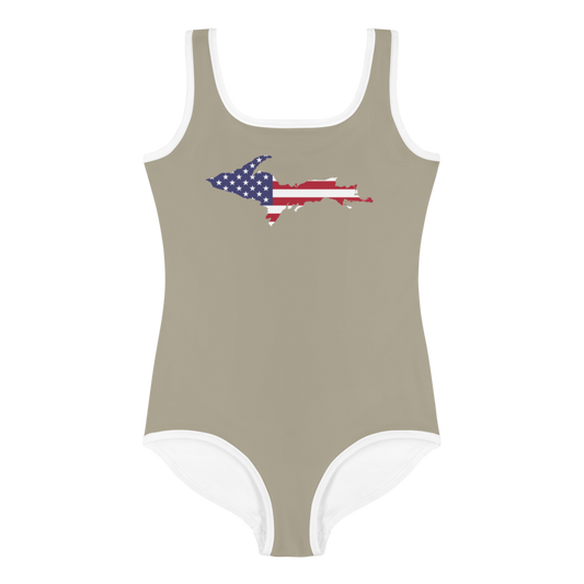 Michigan Upper Peninsula Toddler Swimsuit (w/ UP USA Flag) | Petoskey Stone Beige