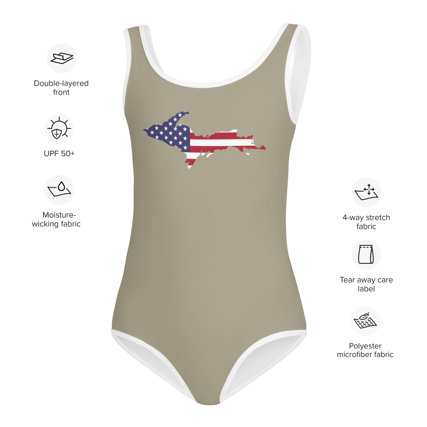 Michigan Upper Peninsula Toddler Swimsuit (w/ UP USA Flag) | Petoskey Stone Beige