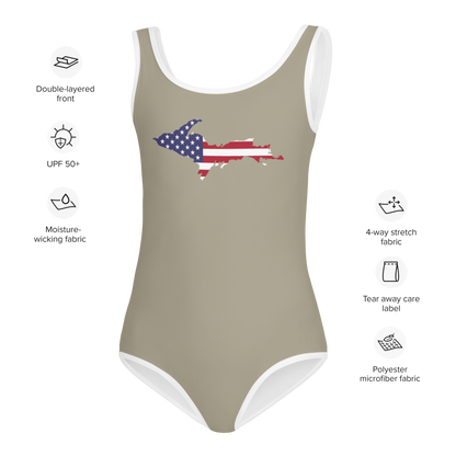 Michigan Upper Peninsula Toddler Swimsuit (w/ UP USA Flag) | Petoskey Stone Beige