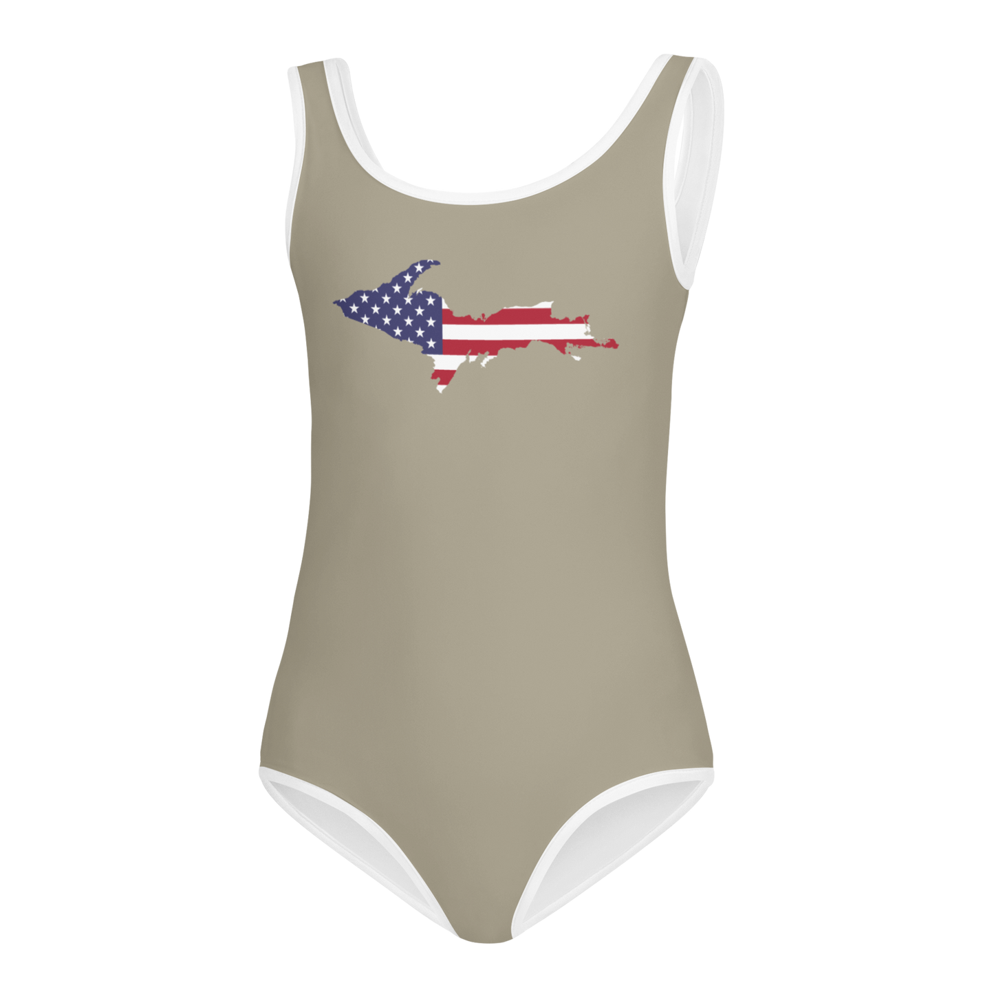 Michigan Upper Peninsula Toddler Swimsuit (w/ UP USA Flag) | Petoskey Stone Beige