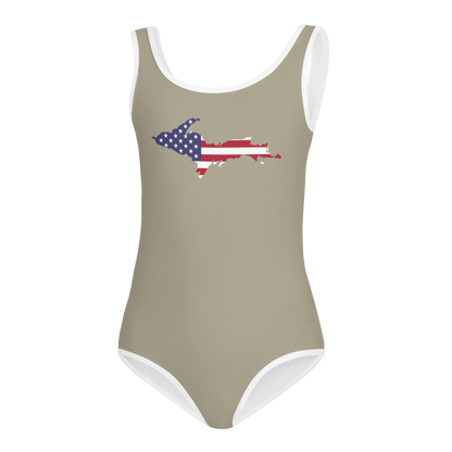 Michigan Upper Peninsula Toddler Swimsuit (w/ UP USA Flag) | Petoskey Stone Beige