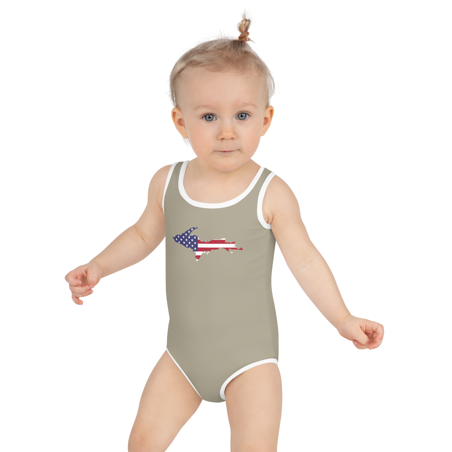 Michigan Upper Peninsula Toddler Swimsuit (w/ UP USA Flag) | Petoskey Stone Beige