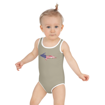 Michigan Upper Peninsula Toddler Swimsuit (w/ UP USA Flag) | Petoskey Stone Beige