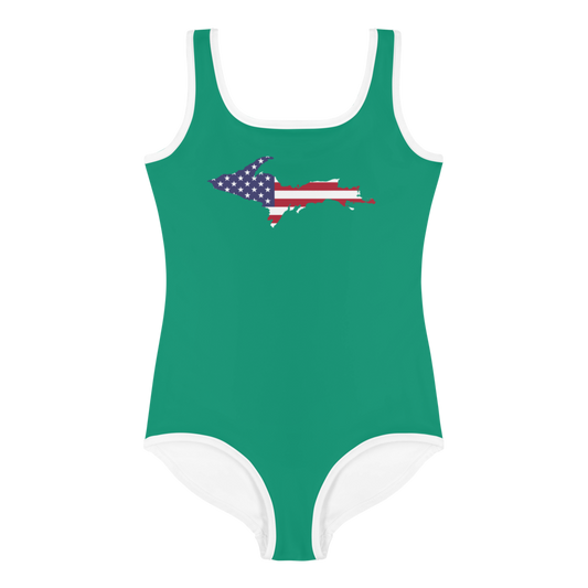 Michigan Upper Peninsula Toddler Swimsuit (w/ UP USA Flag) | Emerald Green