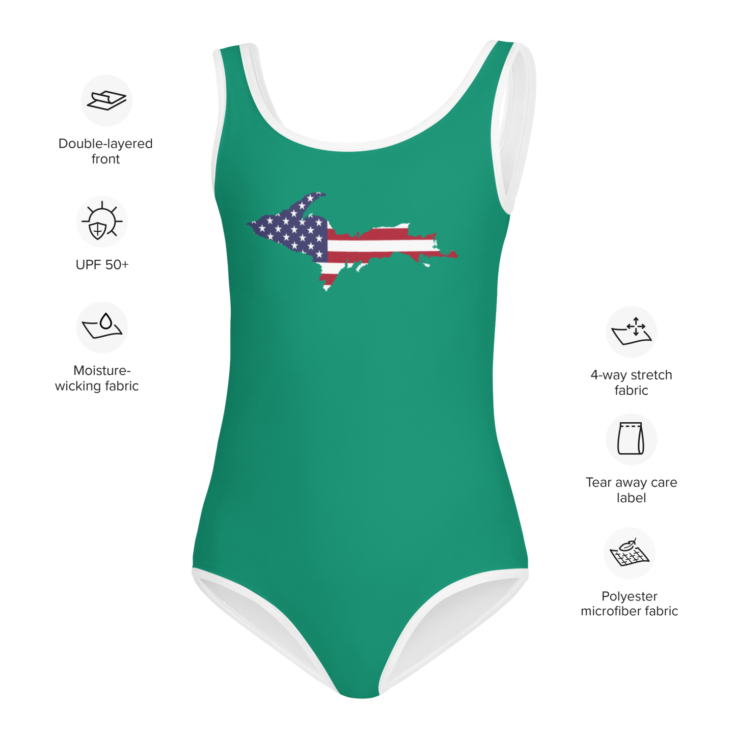 Michigan Upper Peninsula Toddler Swimsuit (w/ UP USA Flag) | Emerald Green