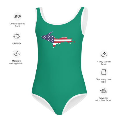 Michigan Upper Peninsula Toddler Swimsuit (w/ UP USA Flag) | Emerald Green