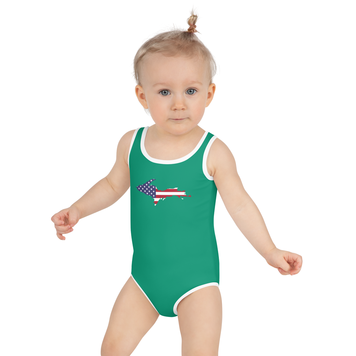 Michigan Upper Peninsula Toddler Swimsuit (w/ UP USA Flag) | Emerald Green