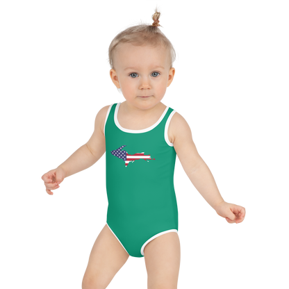 Michigan Upper Peninsula Toddler Swimsuit (w/ UP USA Flag) | Emerald Green