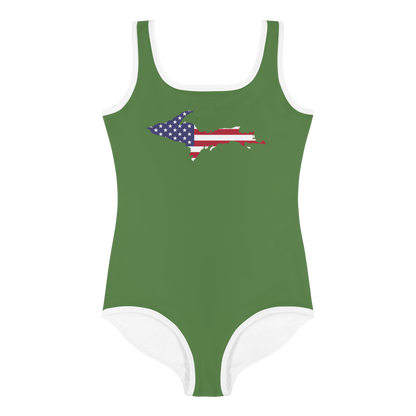 Michigan Upper Peninsula Toddler Swimsuit (w/ UP USA Flag) | Pine Green