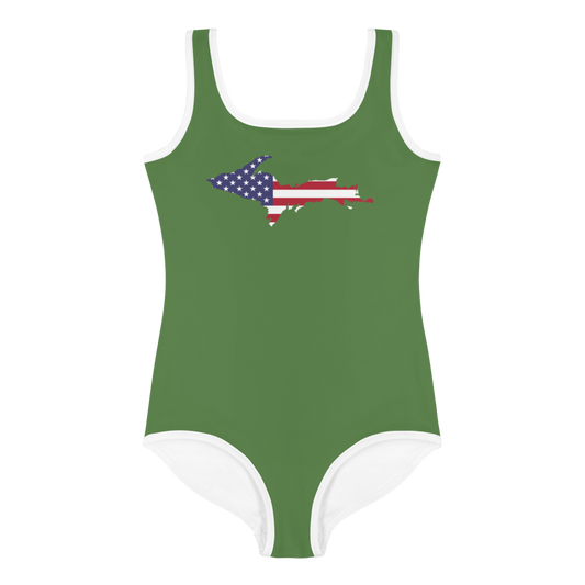 Michigan Upper Peninsula Toddler Swimsuit (w/ UP USA Flag) | Pine Green