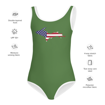 Michigan Upper Peninsula Toddler Swimsuit (w/ UP USA Flag) | Pine Green