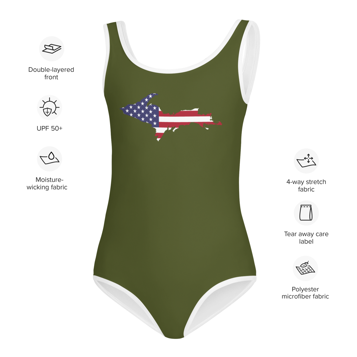 Michigan Upper Peninsula Toddler Swimsuit (w/ UP USA Flag) | Army Green