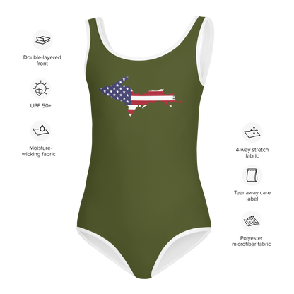 Michigan Upper Peninsula Toddler Swimsuit (w/ UP USA Flag) | Army Green