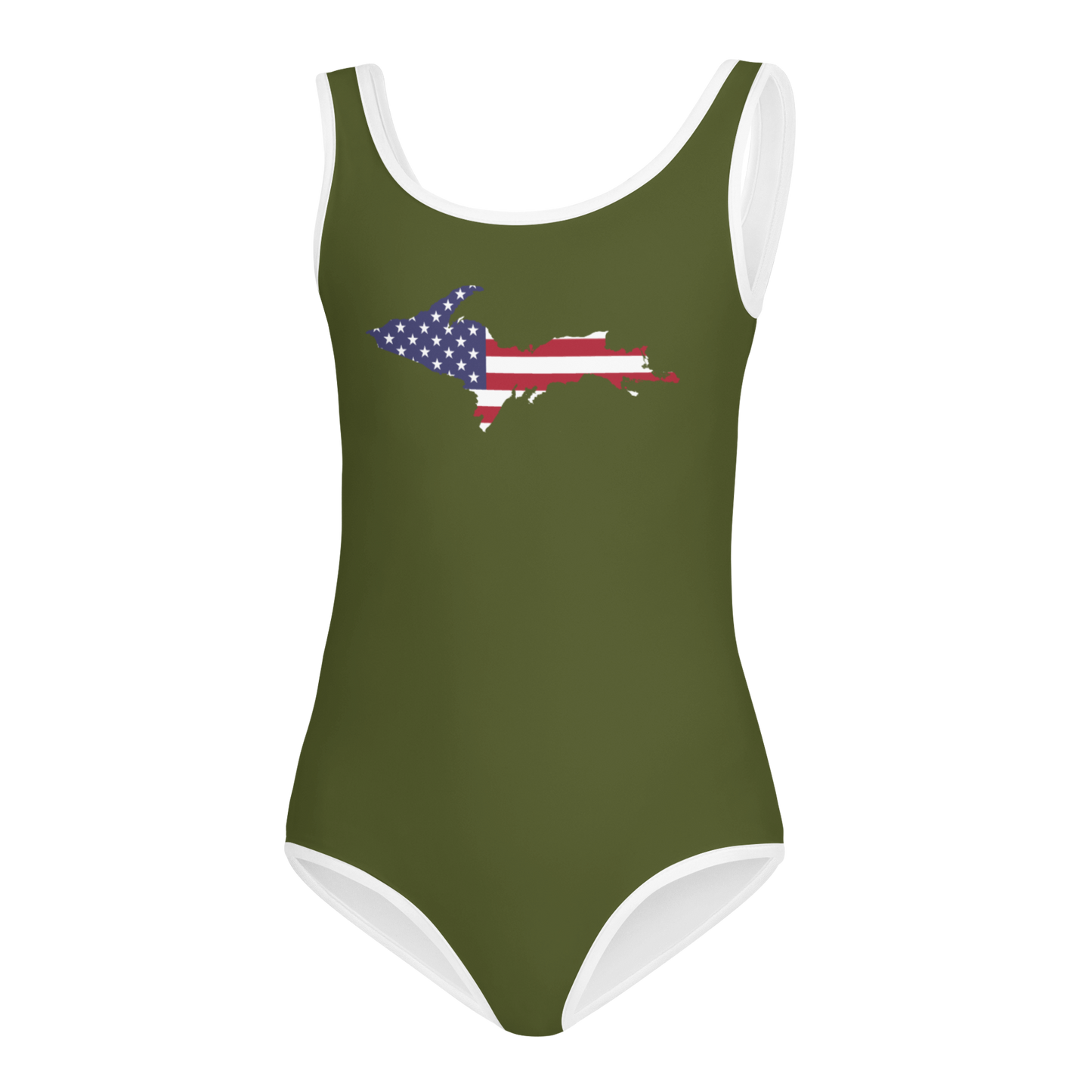 Michigan Upper Peninsula Toddler Swimsuit (w/ UP USA Flag) | Army Green