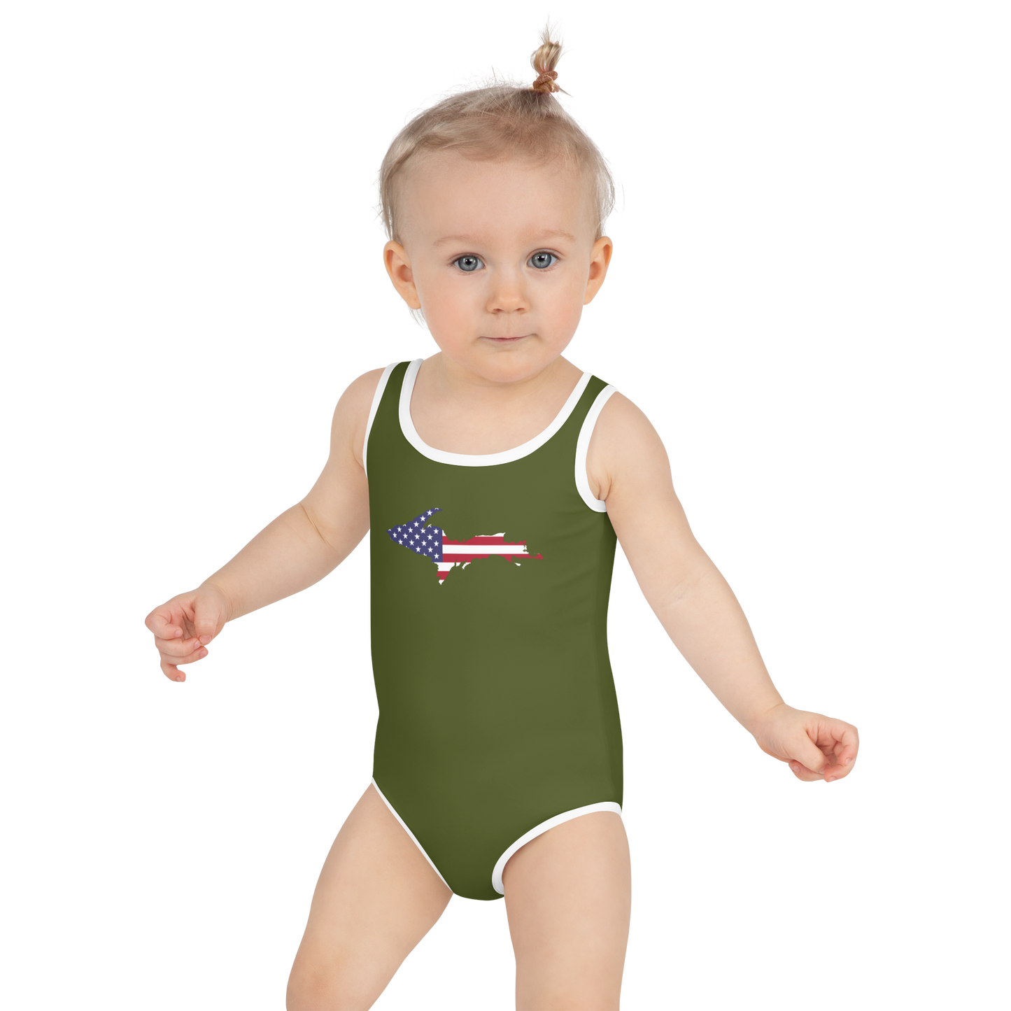 Michigan Upper Peninsula Toddler Swimsuit (w/ UP USA Flag) | Army Green