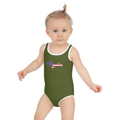 Michigan Upper Peninsula Toddler Swimsuit (w/ UP USA Flag) | Army Green