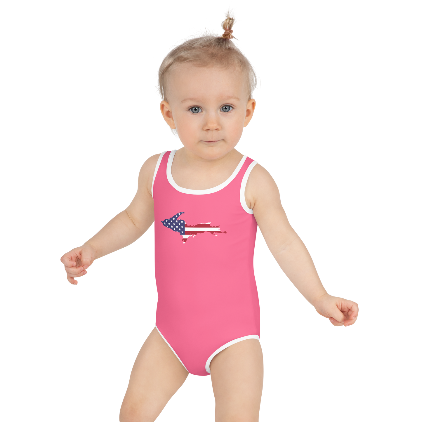 Michigan Upper Peninsula Toddler Swimsuit (w/ UP USA Flag) | Rhodochrosite Pink