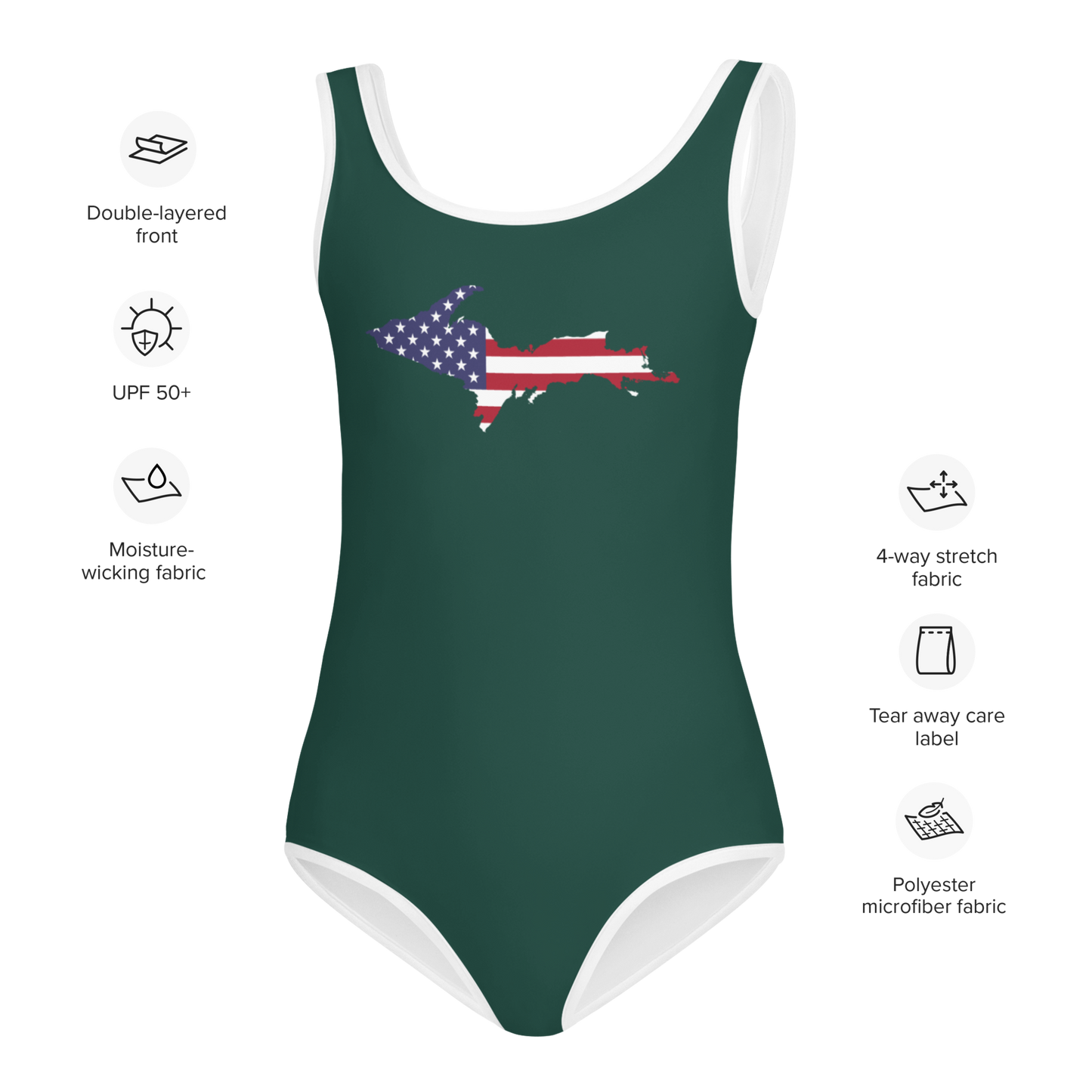 Michigan Upper Peninsula Toddler Swimsuit (w/ UP USA Flag) | Laconic Green