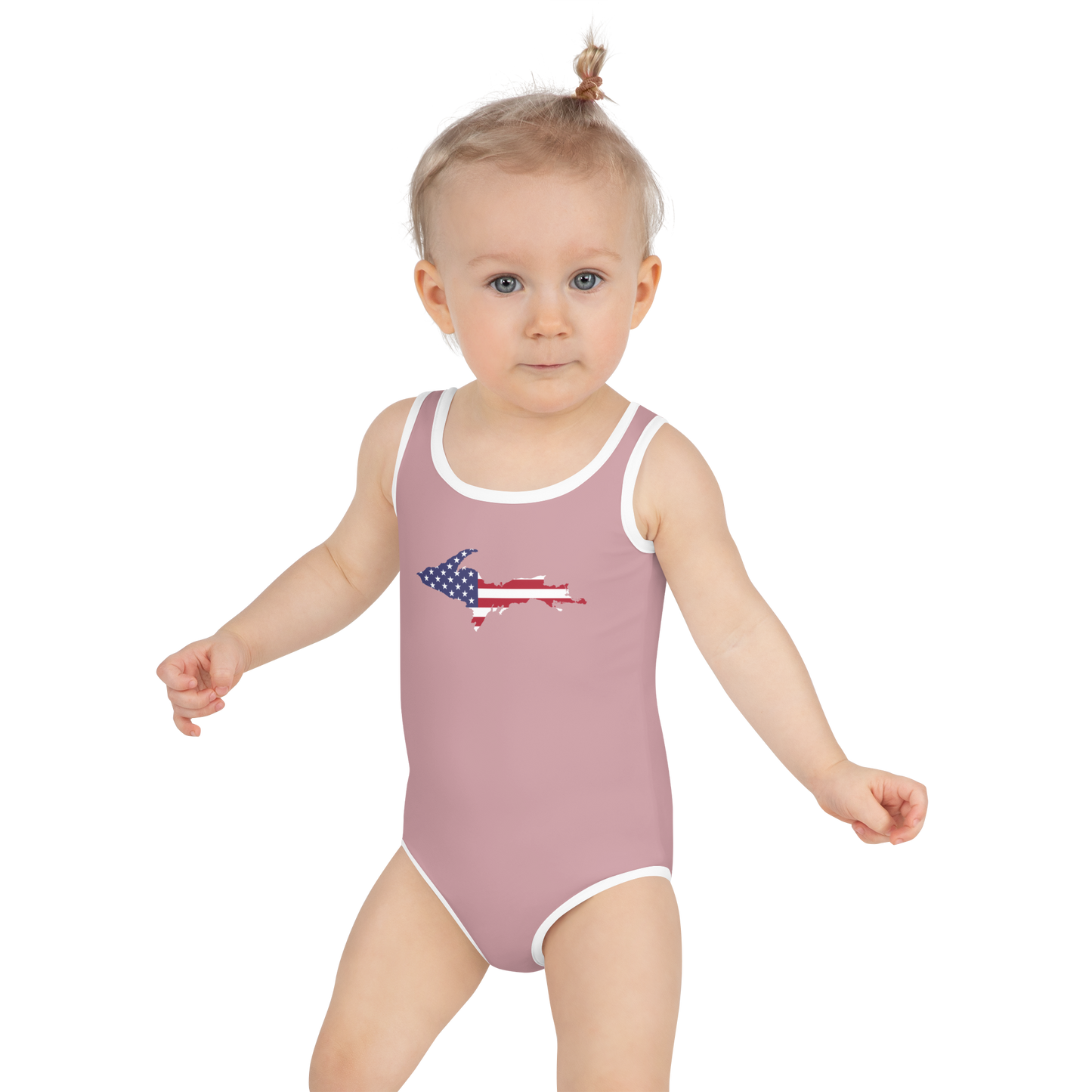 Michigan Upper Peninsula Toddler Swimsuit (w/ UP USA Flag) | Cherry Blossom Pink