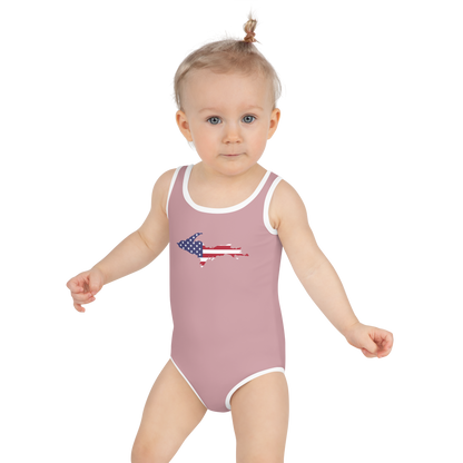 Michigan Upper Peninsula Toddler Swimsuit (w/ UP USA Flag) | Cherry Blossom Pink