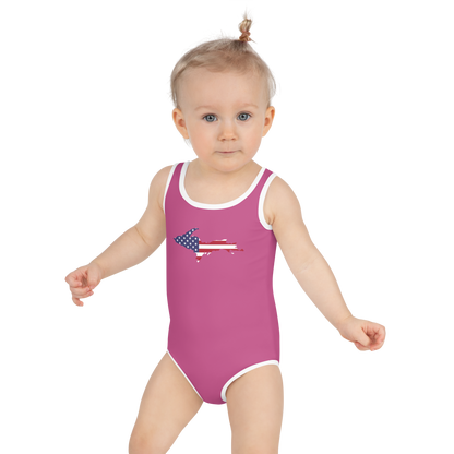 Michigan Upper Peninsula Toddler Swimsuit (w/ UP USA Flag) | Apple Blossom Pink