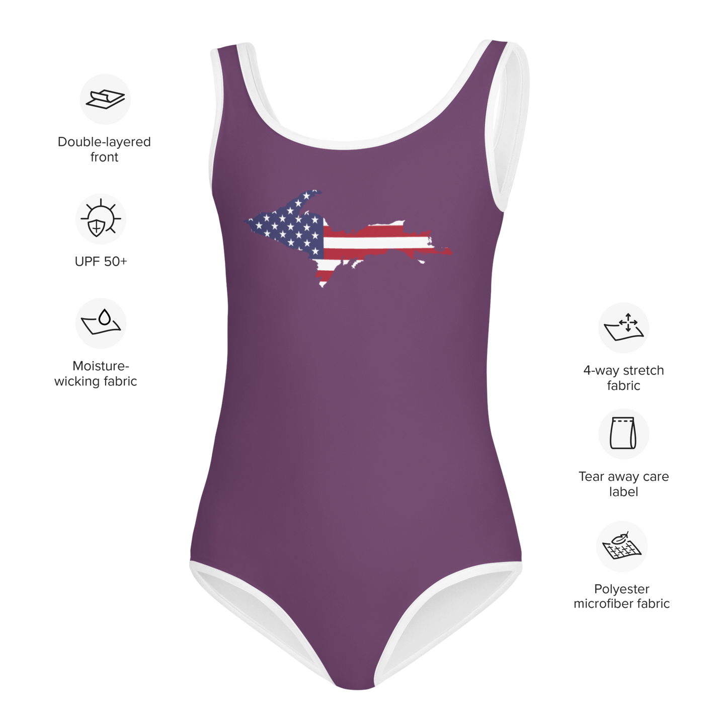 Michigan Upper Peninsula Toddler Swimsuit (w/ UP USA Flag) | Plum