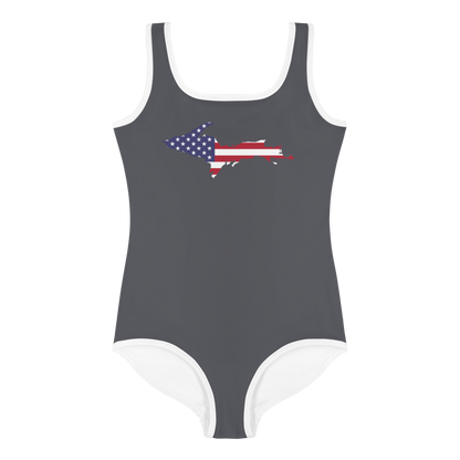 Michigan Upper Peninsula Toddler Swimsuit (w/ UP USA Flag) | Iron Ore Grey