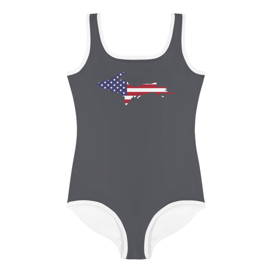 Michigan Upper Peninsula Toddler Swimsuit (w/ UP USA Flag) | Iron Ore Grey