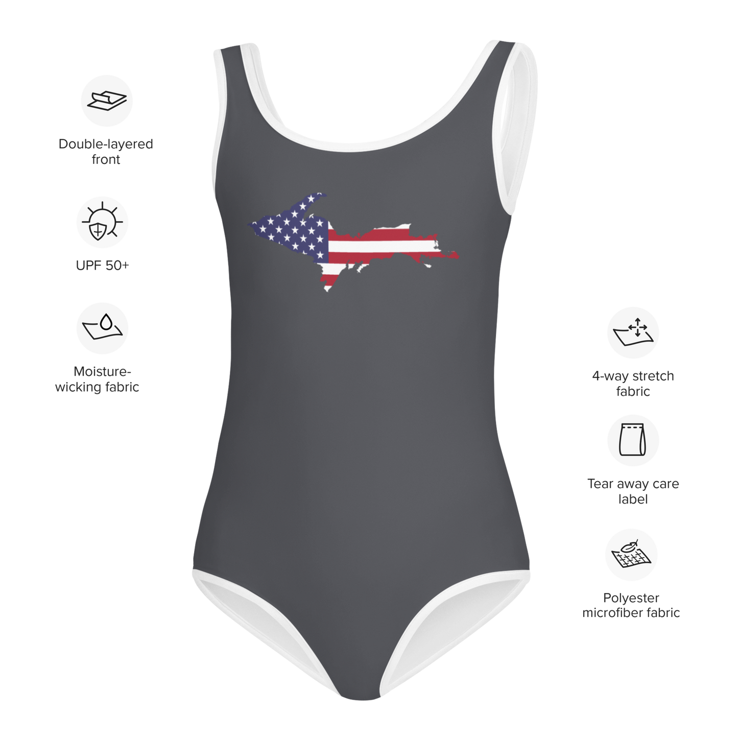 Michigan Upper Peninsula Toddler Swimsuit (w/ UP USA Flag) | Iron Ore Grey