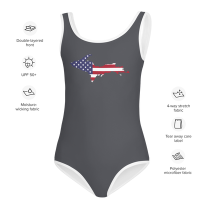 Michigan Upper Peninsula Toddler Swimsuit (w/ UP USA Flag) | Iron Ore Grey