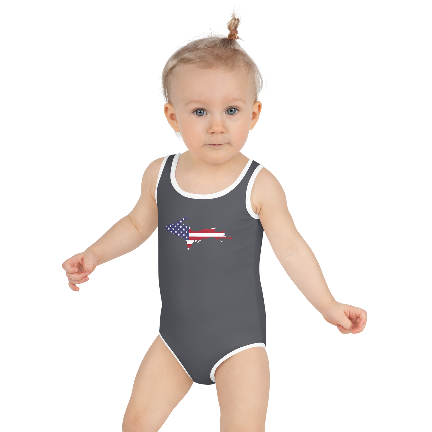 Michigan Upper Peninsula Toddler Swimsuit (w/ UP USA Flag) | Iron Ore Grey