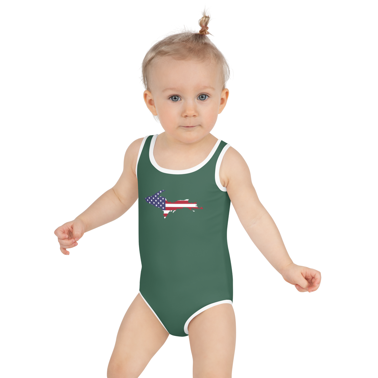 Michigan Upper Peninsula Toddler Swimsuit (w/ UP USA Flag) | Ginger Ale Green