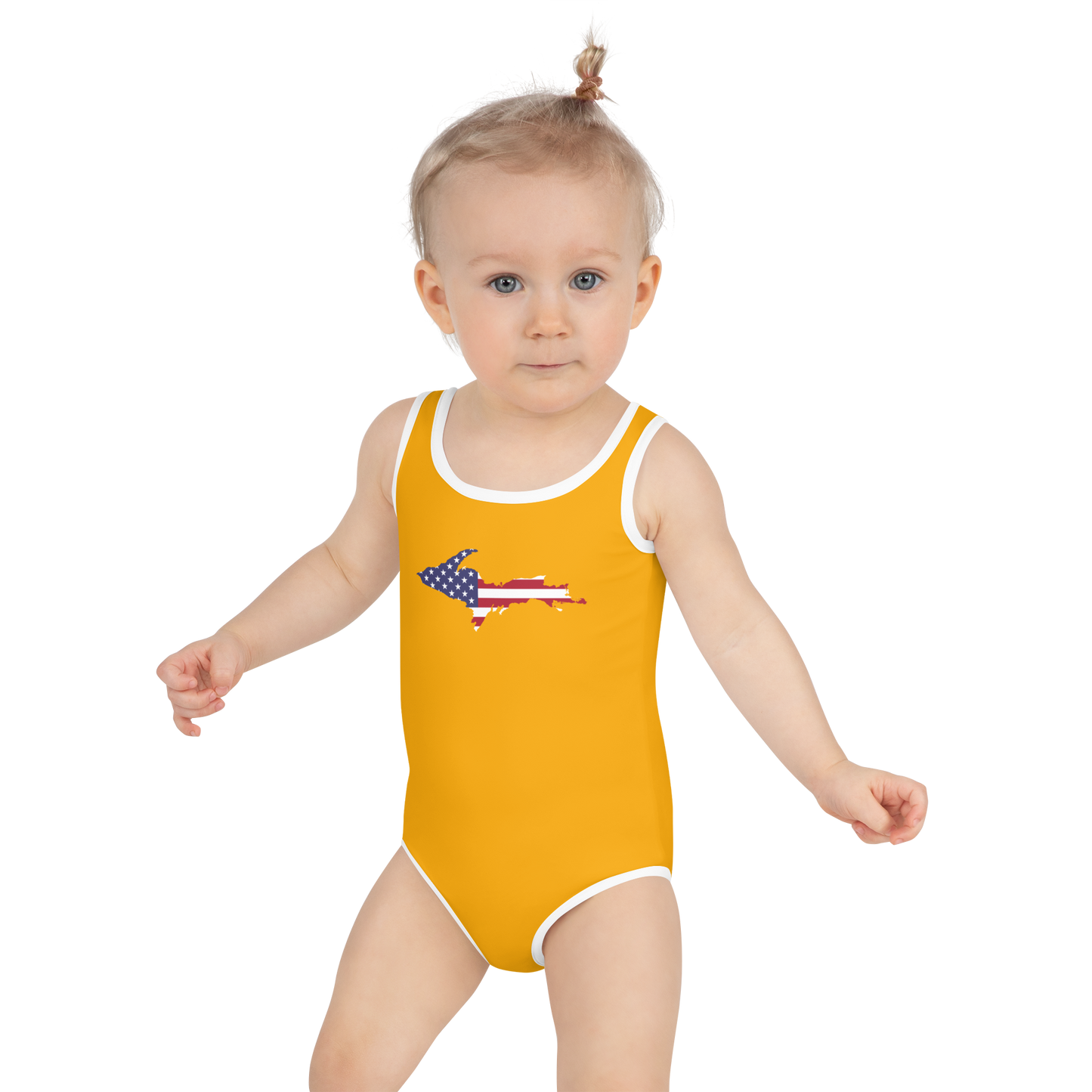 Michigan Upper Peninsula Toddler Swimsuit (w/ UP USA Flag) | Birch Leaf Orange