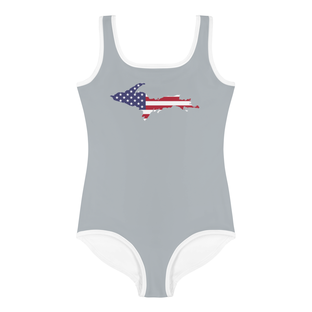 Michigan Upper Peninsula Toddler Swimsuit (w/ UP USA Flag) | Silver