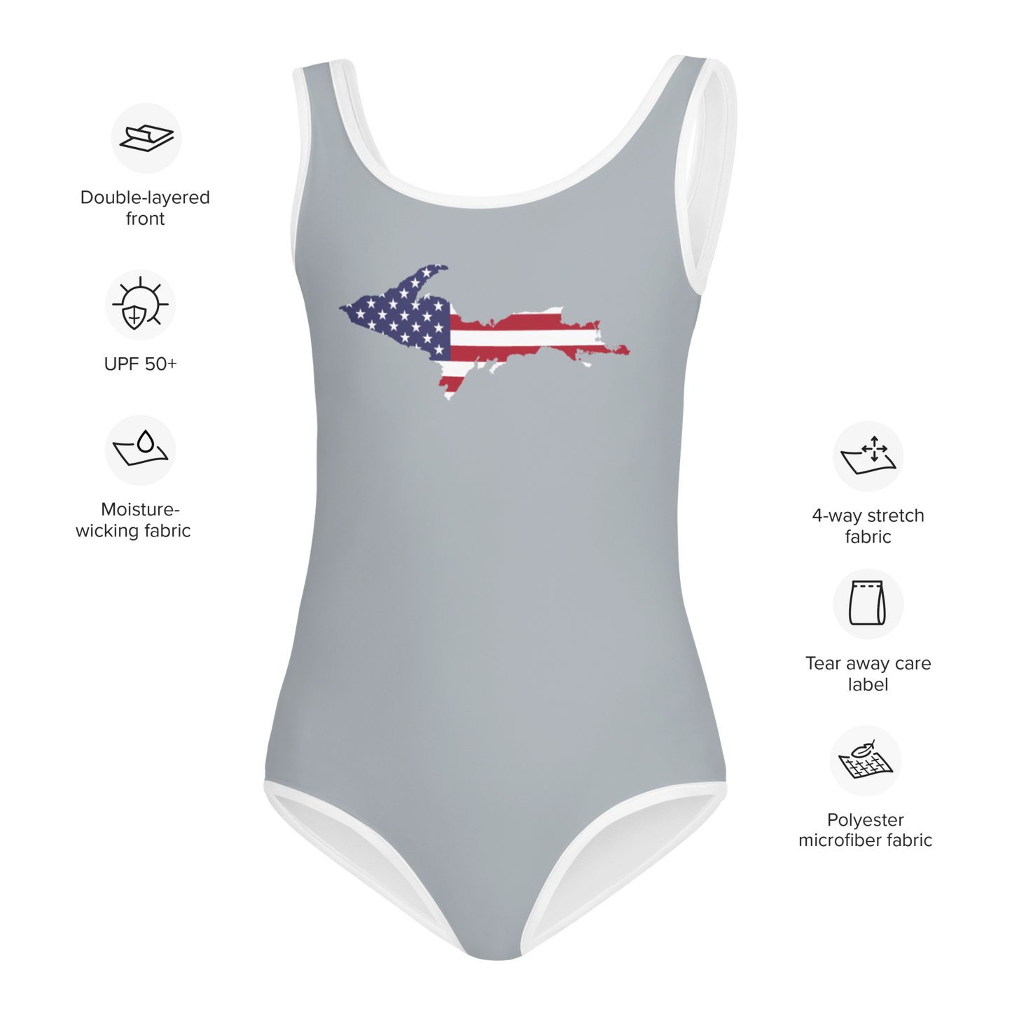 Michigan Upper Peninsula Toddler Swimsuit (w/ UP USA Flag) | Silver