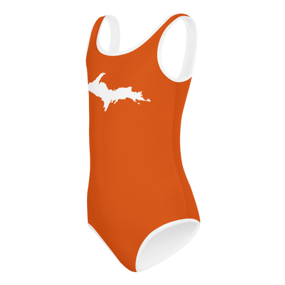 Michigan Upper Peninsula Toddler Swimsuit (w/ UP Outline) | Maple Leaf Orange