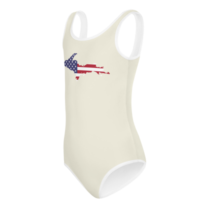 Michigan Upper Peninsula Toddler Swimsuit (w/ UP USA Flag) | Ivory White