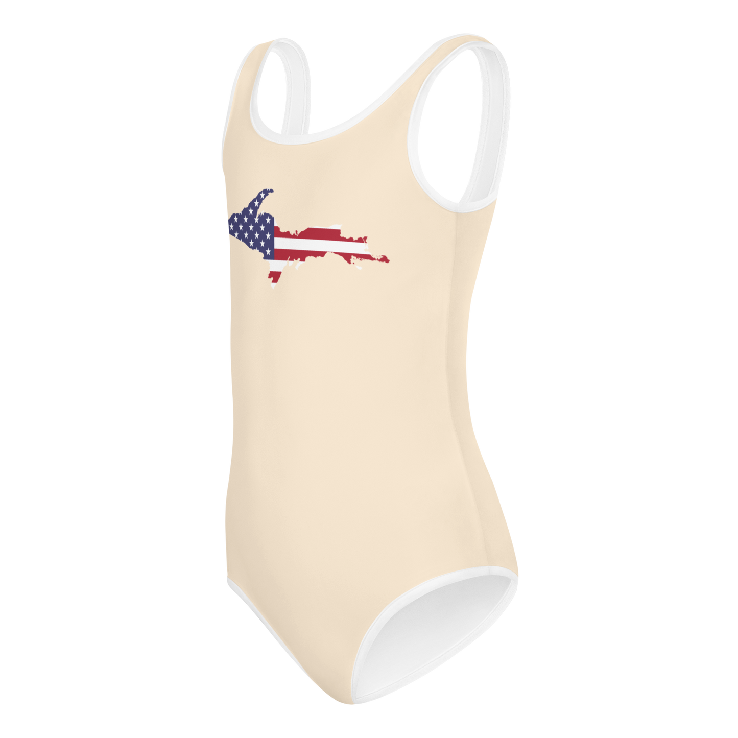 Michigan Upper Peninsula Toddler Swimsuit (w/ UP USA Flag) | Champagne White