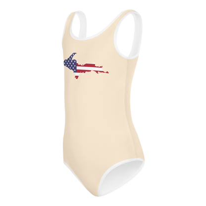 Michigan Upper Peninsula Toddler Swimsuit (w/ UP USA Flag) | Champagne White