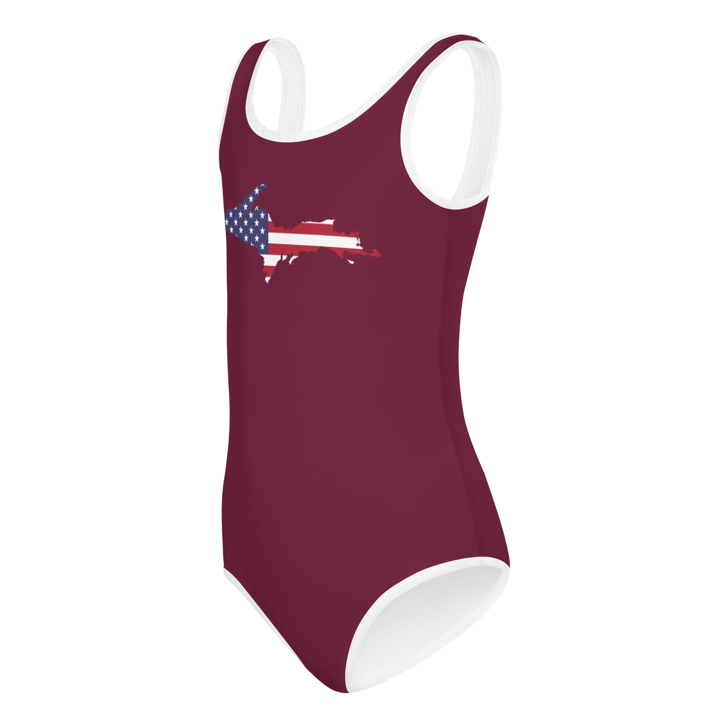 Michigan Upper Peninsula Toddler Swimsuit (w/ UP USA Flag) | Old Mission Burgundy