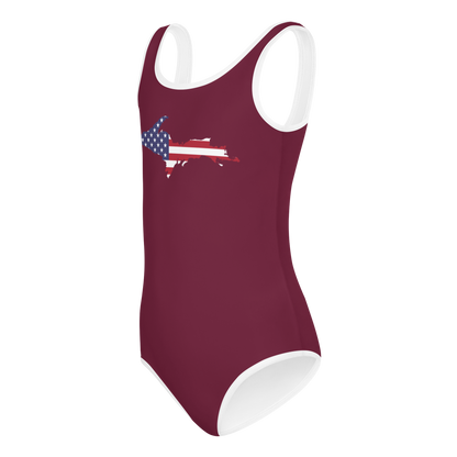 Michigan Upper Peninsula Toddler Swimsuit (w/ UP USA Flag) | Old Mission Burgundy