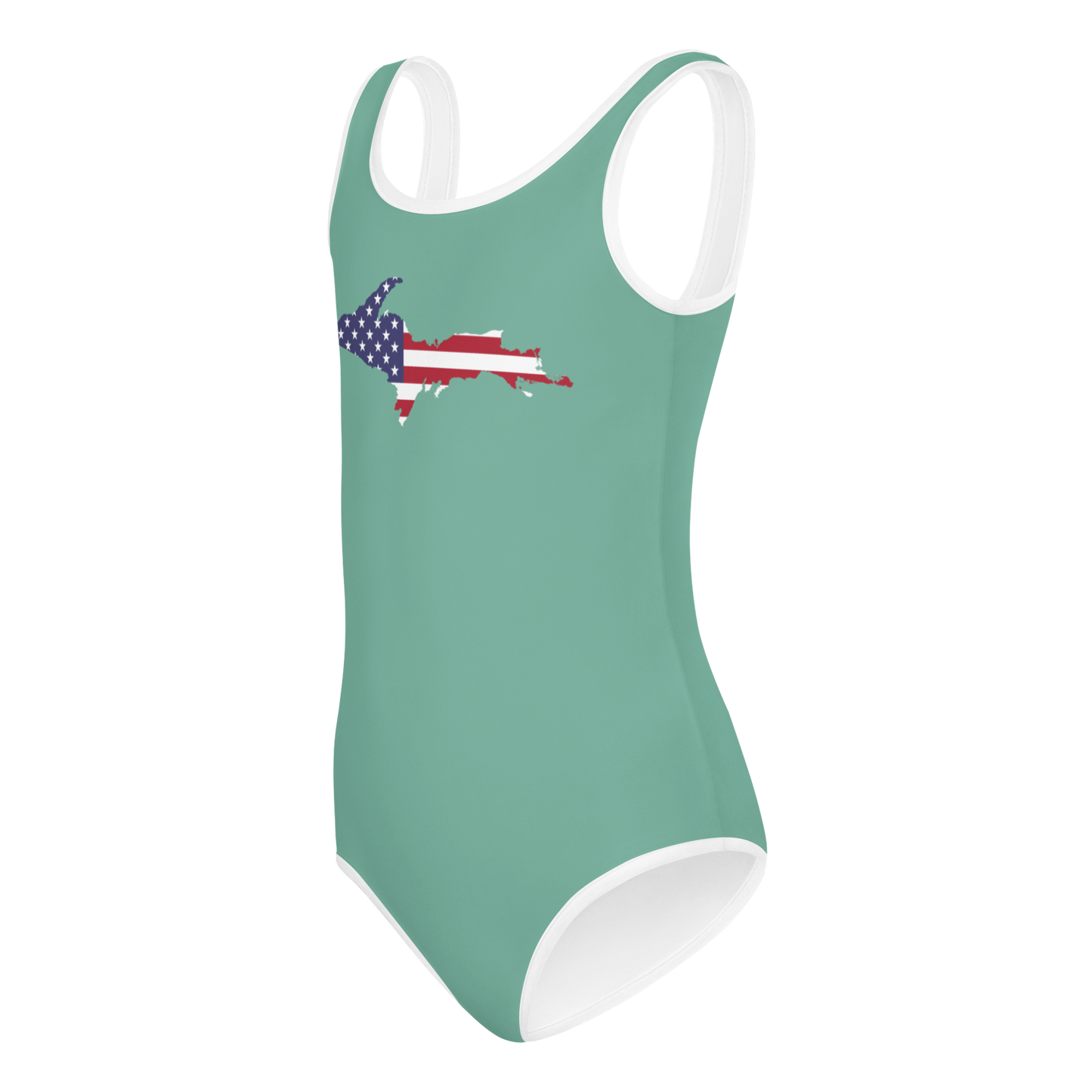 Michigan Upper Peninsula Toddler Swimsuit (w/ UP USA Flag) | Metallic Mint Green