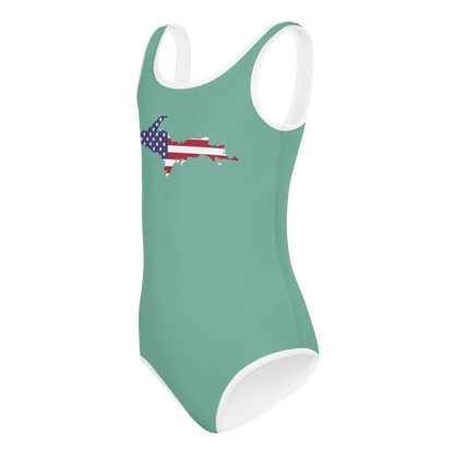 Michigan Upper Peninsula Toddler Swimsuit (w/ UP USA Flag) | Metallic Mint Green