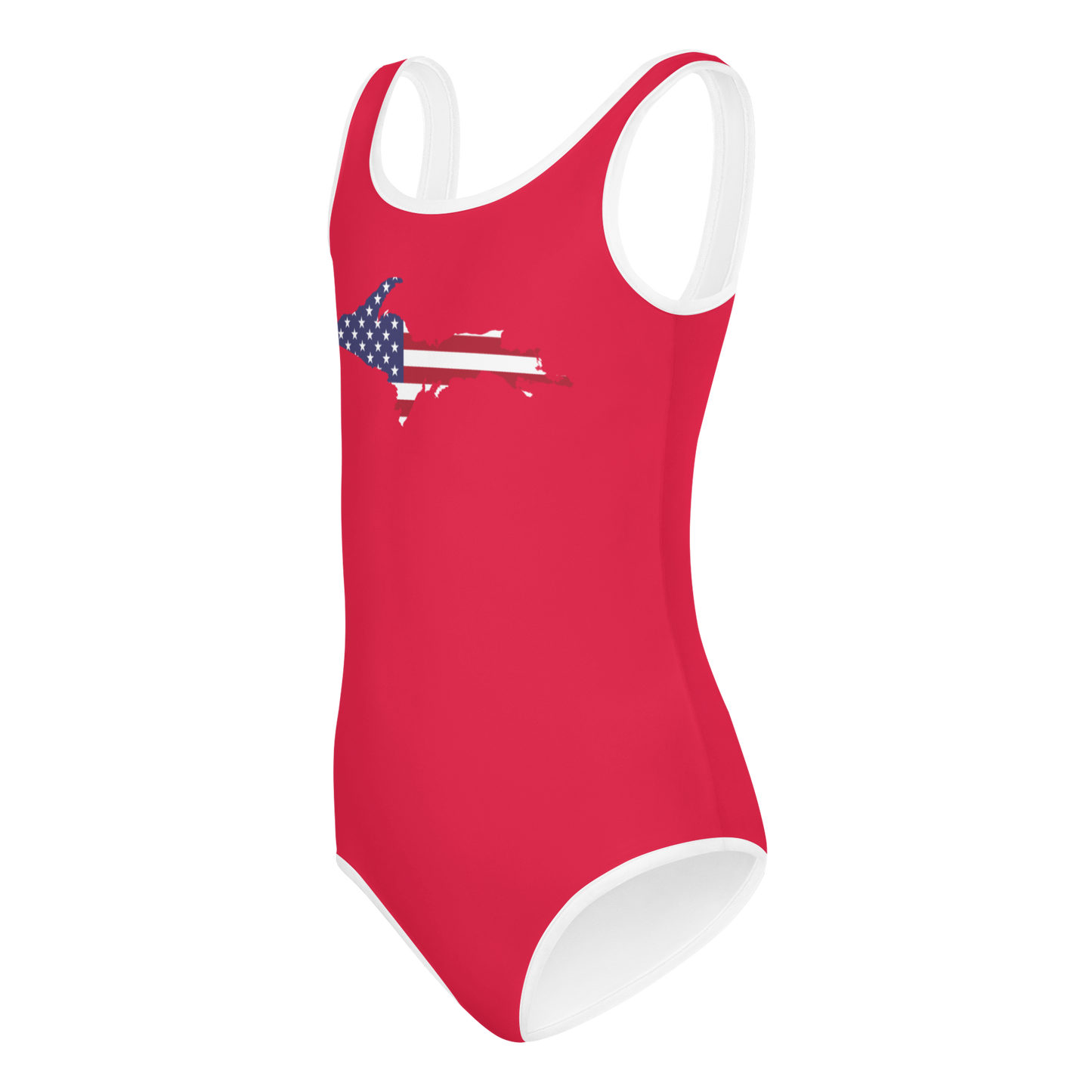 Michigan Upper Peninsula Toddler Swimsuit (w/ UP USA Flag) | Lighthouse Red