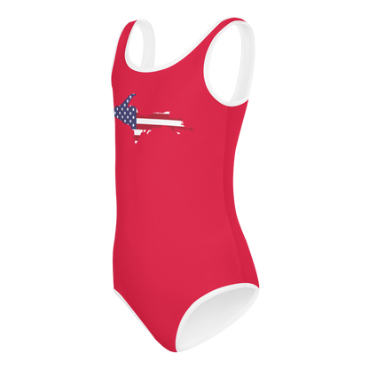 Michigan Upper Peninsula Toddler Swimsuit (w/ UP USA Flag) | Lighthouse Red