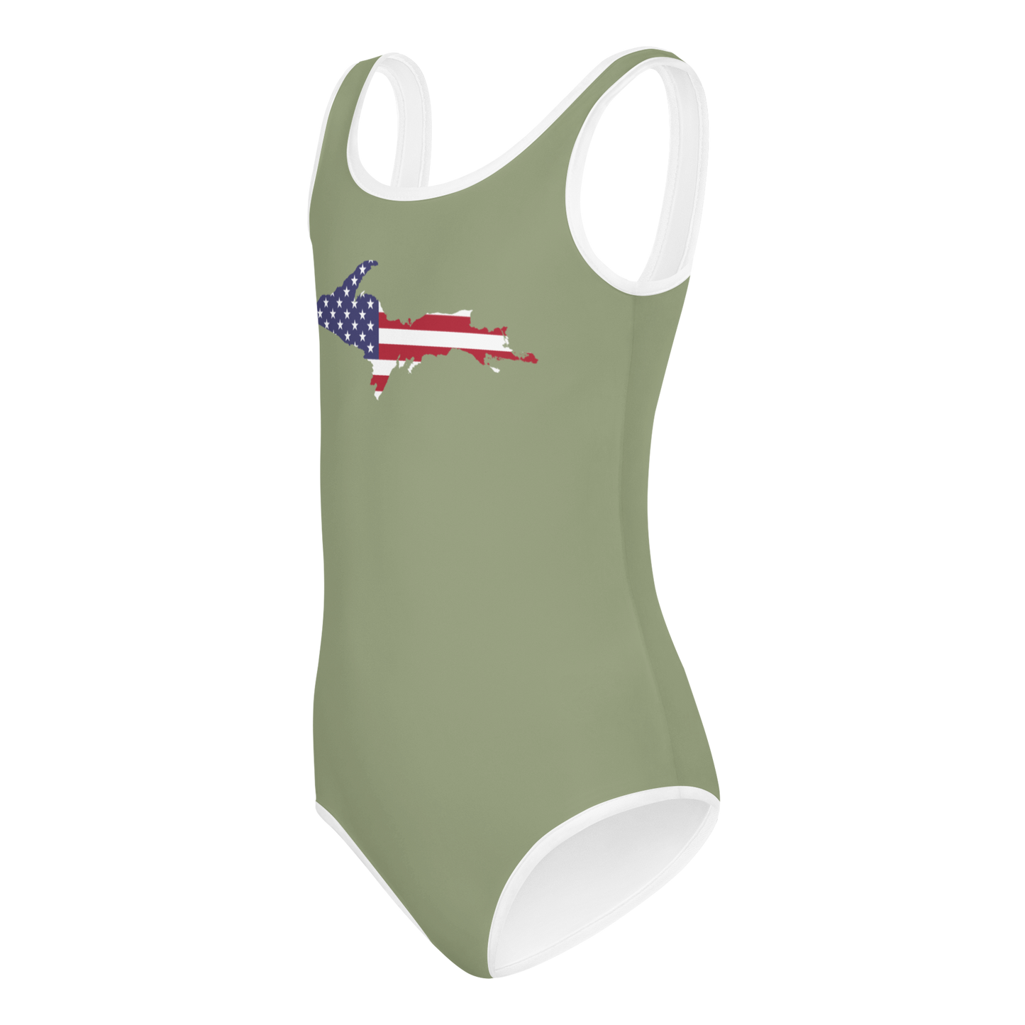 Michigan Upper Peninsula Toddler Swimsuit (w/ UP USA Flag) | Beachgrass Green